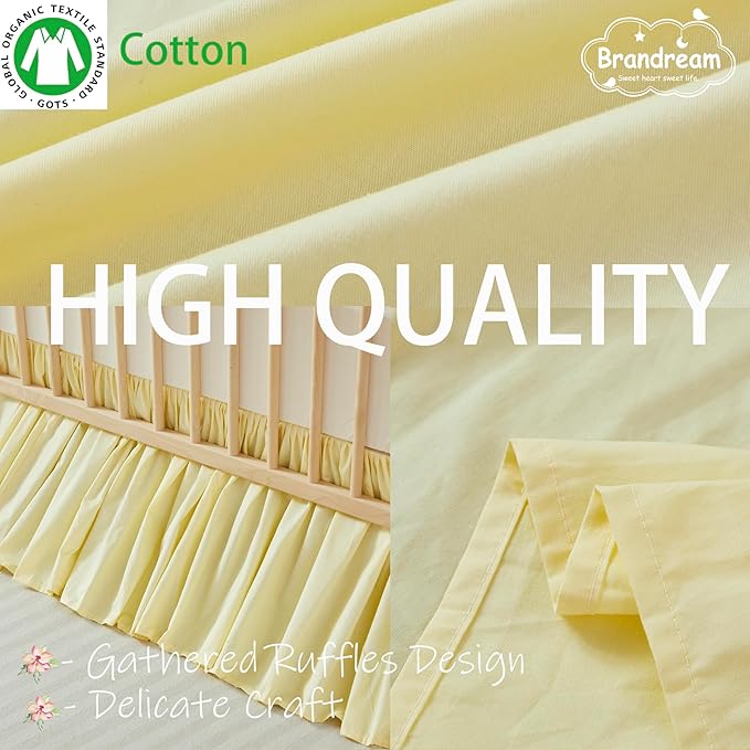 Brandream Gathered Crib Skirt, Baby Boy, Baby Girl, Gender Neutral Crib Skirt, 100% Cotton, 4-Sided, Solid Light Yellow Toddler Bedskirt Farmhouse Chic Nursery Crib Bed Skirt Dust Ruffle