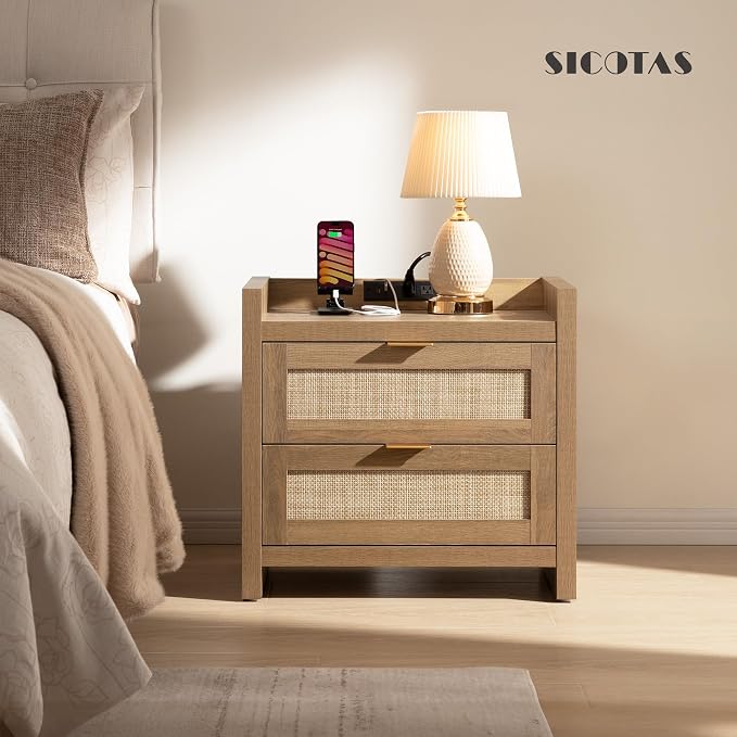 SICOTAS Night Stand with 2 Large Drawers : Rattan Bedside Table | Farmhouse - Image 5