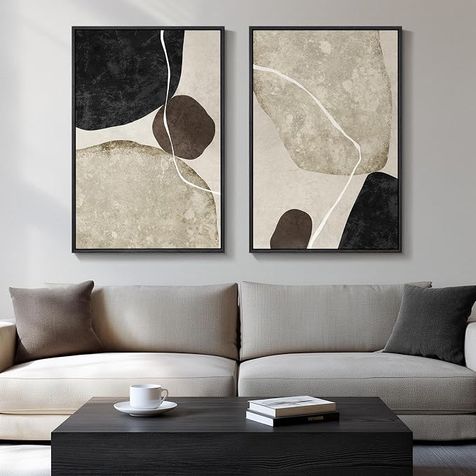 Large Framed Neutral Black Brown Abstract Wall Art by Cuspin
