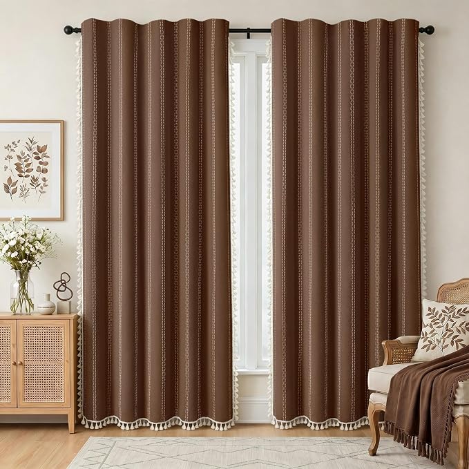 Brown 100% Boho Blackout Curtains 84 Inch 2 Panels - Image 2