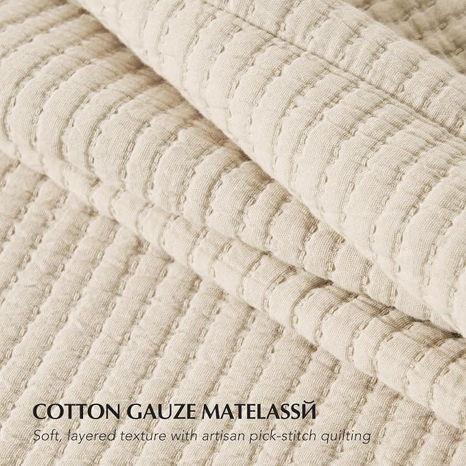 EVERGRACEHOME Cotton Gauze Matelassé Coverlet, King Size, Soft Oat | Ultra Soft - Image 4