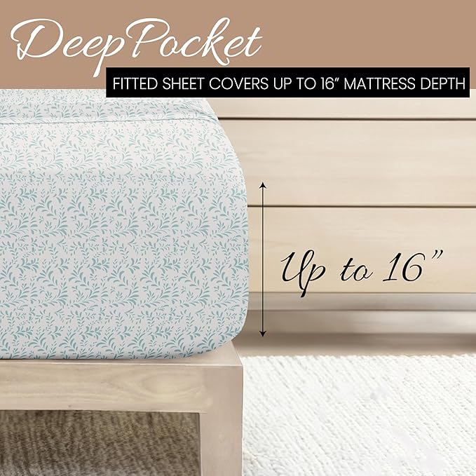 Linen Market Patterned Microfiber Queen Sheet Set 4 Piece – Oeko-TEX Certified Ultra Soft & Wrinkle-Free - 16" Deep Pocket Sheets - Easy Care Queen Size - Burst of Vines Light Blue