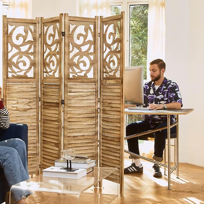 Svimi Folding Room Divider, 5.6Ft 4 Panels Wood Carved Privacy Screens - Image 2