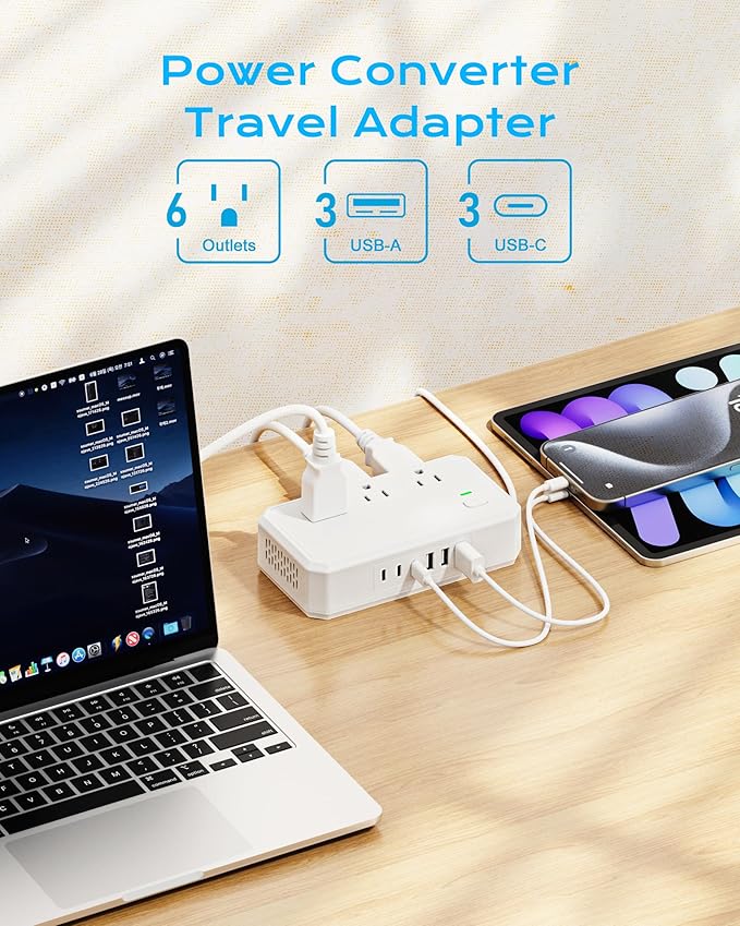 Puveini US to Europe Travel Adapter 220V to 110V Voltage Converter with 4.5A 6-Port USB Charging and UK/AU/US/EU Worldwide Plug Adapter