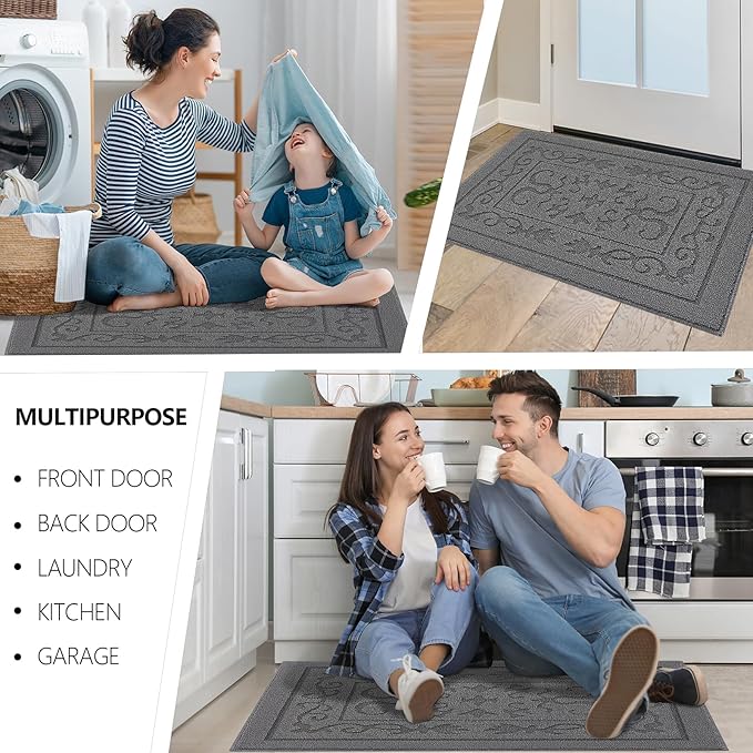 FONEYI Indoor Door Mat 24" x 36", Dirt Trapper Door Mats Non-Slip Entryway Rugs Washable, Absorbent Resist Dirt Welcome Mat, Low Profile Inside Floor Mats for Front Back Door and Entryway, Grey