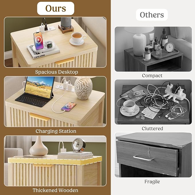 Night Stand Set 1, Fluted Wood Bedside Table w/Socket Station - Image 8