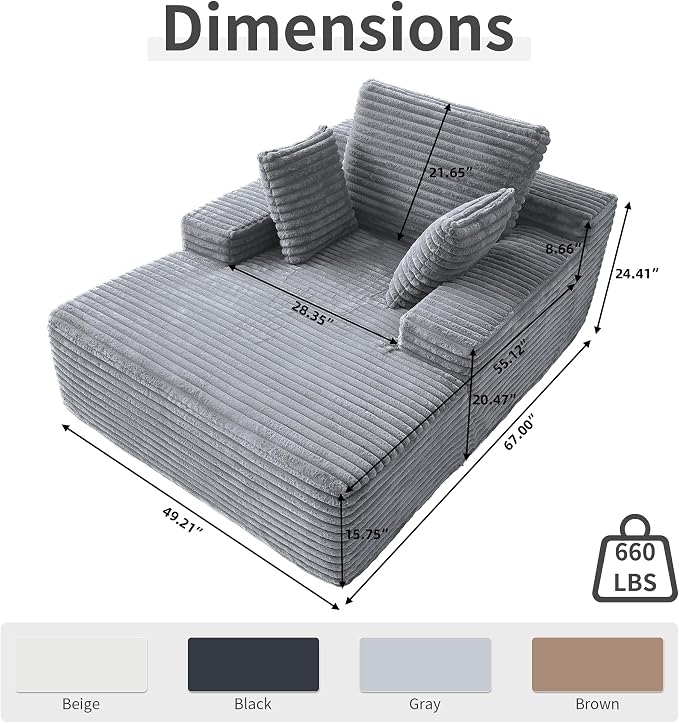 Oversized Chaise Lounge Chair Indoor, Plush Corduroy Boneless Sofa Bed - Image 2