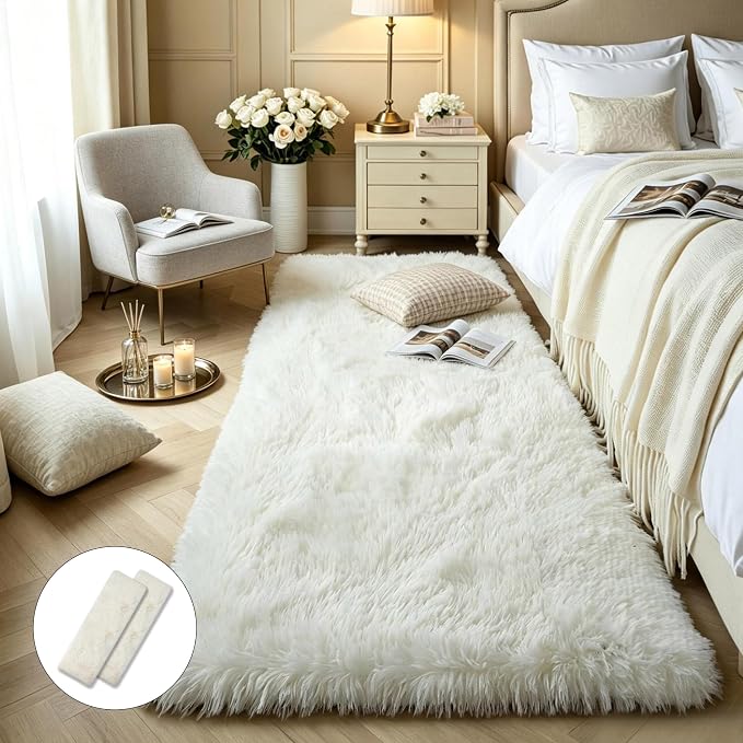 KCHOWUA Cream White Fluffy Area Rug 2x6, living room, kids room, and nursery by KICHOWUA