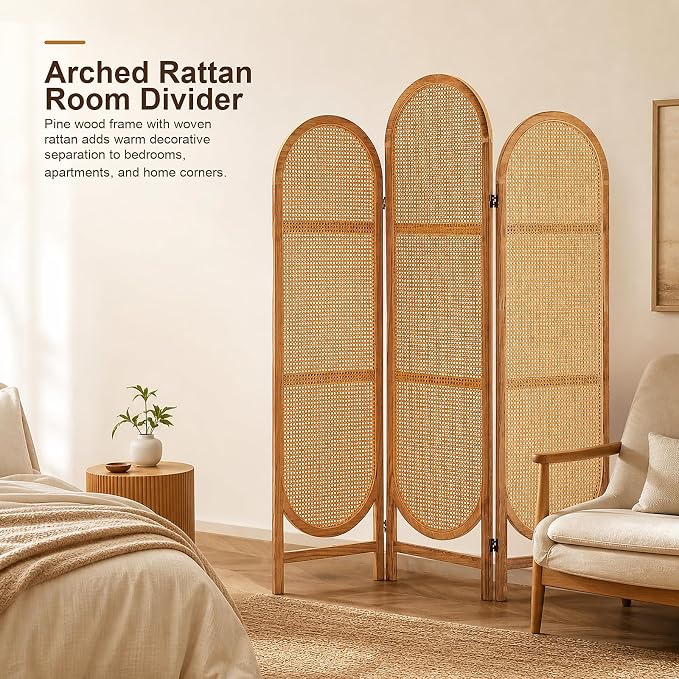 3 Panel Rattan Room Divider, Arched Room Divider Screen, Natural | Room Divider - Image 2