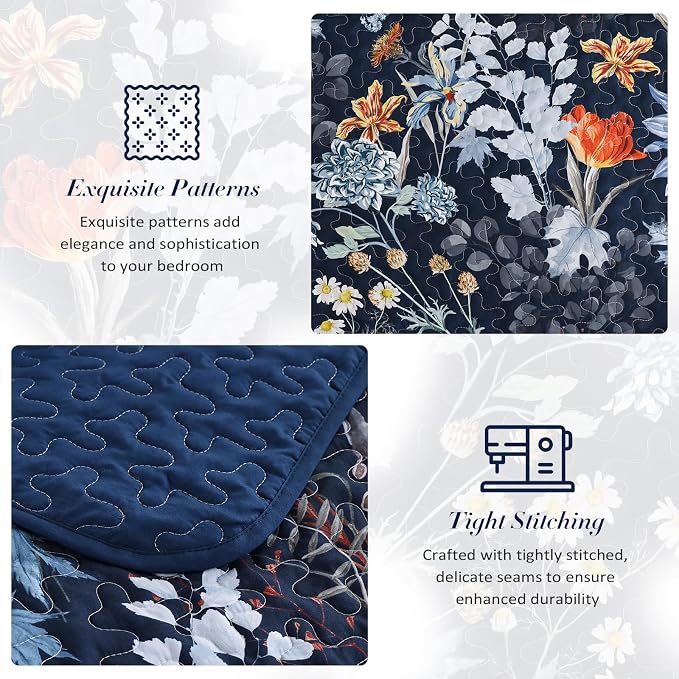 Yiran Navy Blue Sunflower Floral Quilt Set Queen Size | Botanical Bedspread - Image 7