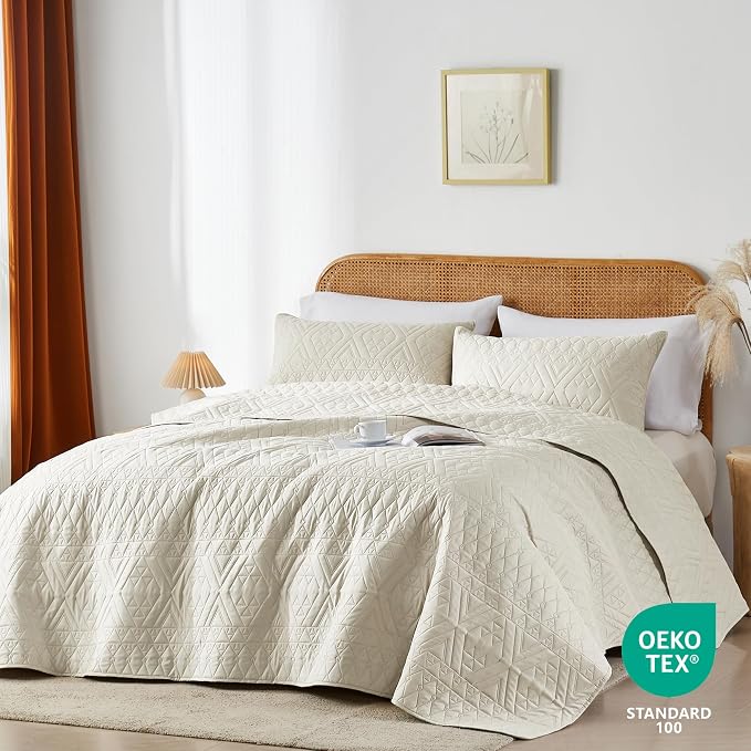 akkialla King/Cal King Quilt Set, Boho Style in a Solid Color, Cream - Image 2