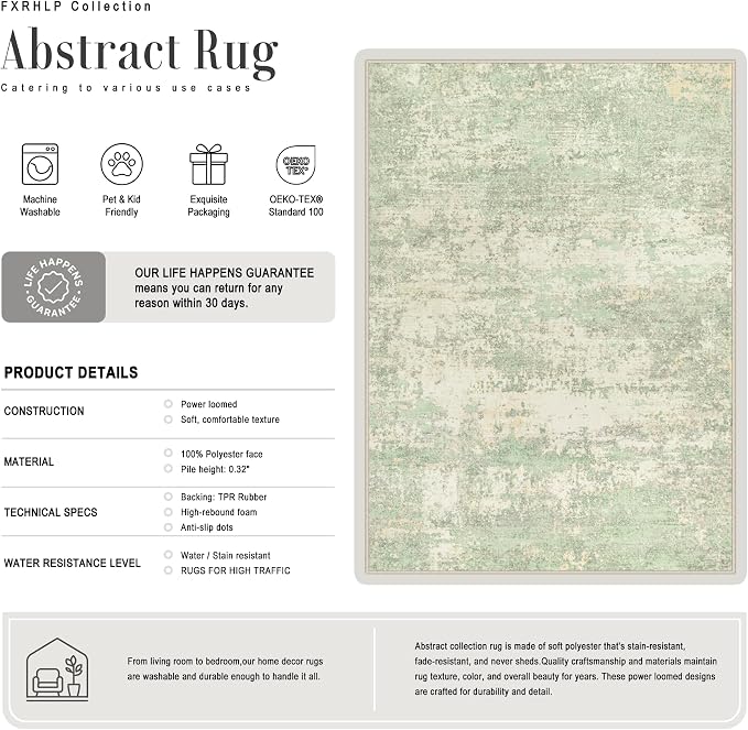 2.6x10 Washable Runner Rug:Modern Abstract Soft Carpet Green Cream | - Image 3