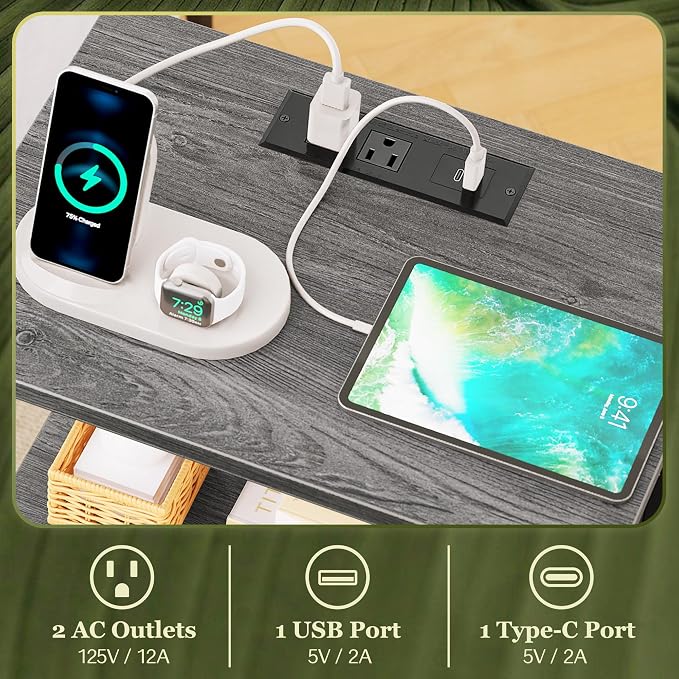 SUPERJARE Nightstand with Charging Station, USB-C Port, Bedside Table | Night - Image 4
