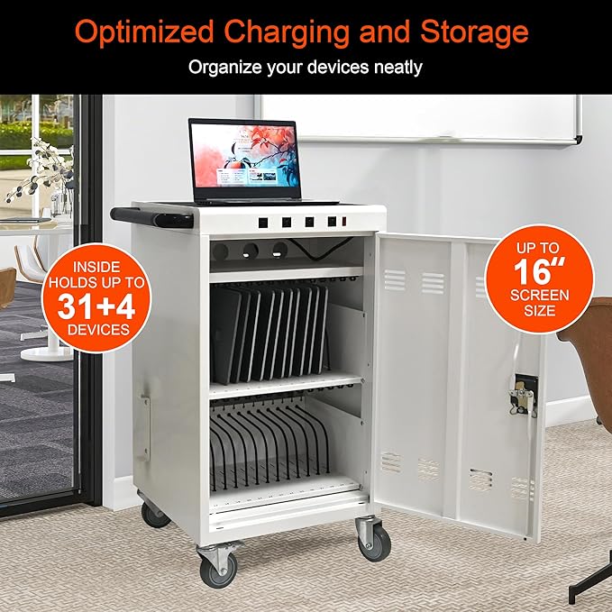Aokleo Laptop Charging Cart,35 Devices Tablet Storage Carts for pad Up to 16.3" Screen Size, Classroom Computer Mobile Charging Station for Pads, Chromebooks,Laptops, Security Storage(31+4 Bay-White)