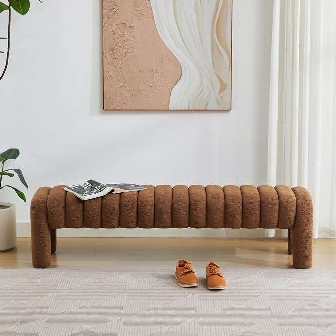 63" Upholstered Boucle Bench, Rust Brown | Padded King Size Long Ottoman - Image 9