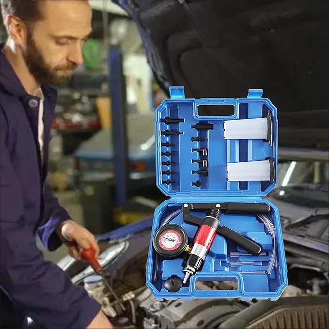 Yonligonju 23PCS Handheld Vacuum Pump Tester Brake Bleeder Kit Brake System Bleeding Tools with Adapters and 2 Reservoir Bottles Automotive Brake for Car Truck Motorcycle (Blue)