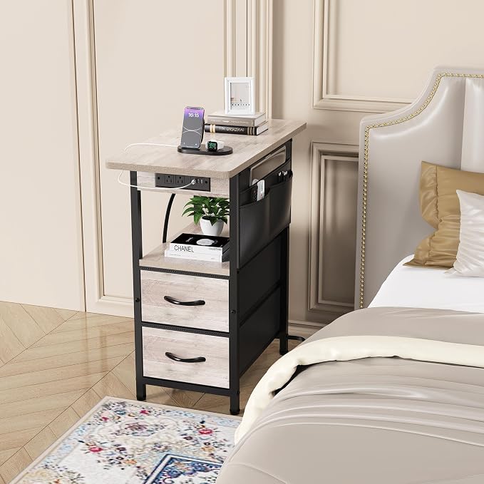 Yenlure Small Side Table with Charging Station, Narrow Nightstand Bedside - Image 2