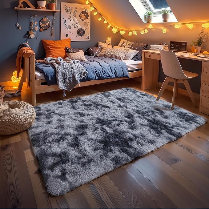 3x5 Tie-dye Dark Grey Fluffy Shag Rug - Image 9