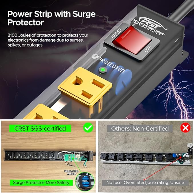 CRST 2Pack 6 Outlet Surge Protector Power Strip 2100J with Switch, 15A/1875W Heavy Duty Mountable Power Strip, Wide Spaced Power Bar for Garage Workspace Home School, 6 FT Cord（ Black+Yellow）