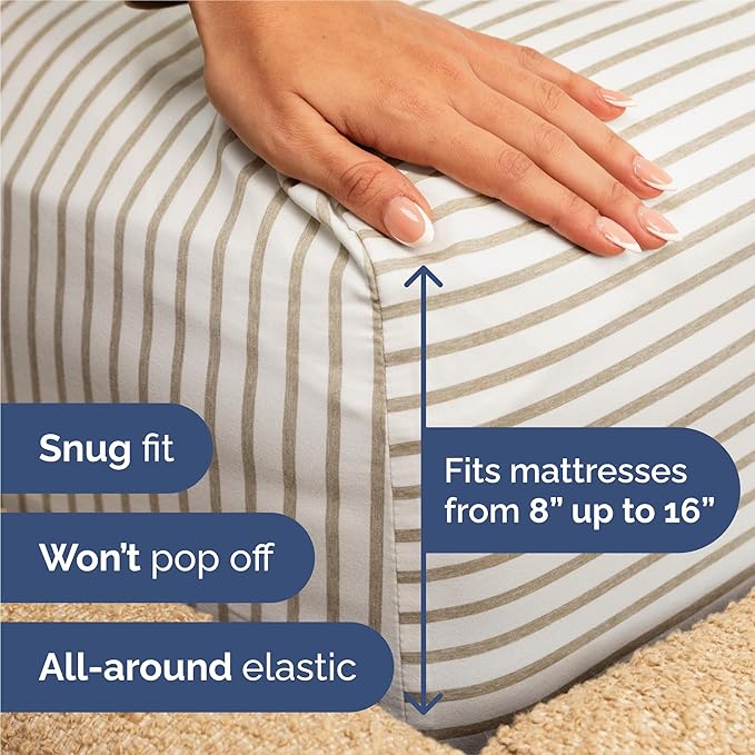 Split King 7 Piece Sheet Set - Cooling & Breathable - Hotel Luxury Bedding, Includes Fitted Sheets for Women, Men, Kids & Teens - 1 Flat, 2 Fitted Sheets, 4 Pillowcases w/Deep Pockets - Beige Stripes