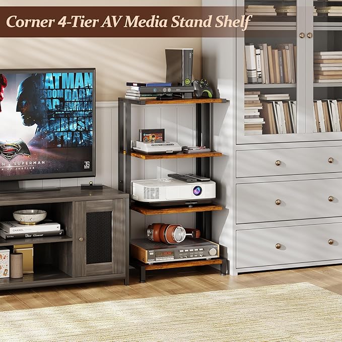X-cosrack 16.5" Small 4-Tier AV Media Stand,Narrow Version Wooden Corner Shelves Stereo Cabinet Audio Rack Stand Tower Perfect for Small DVD Players Game Console TV Box Cable Box WiFi Router