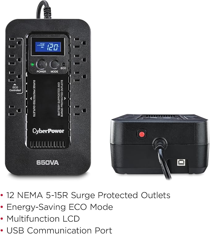 CyberPower EC650LCD Ecologic Battery Backup & Surge Protector UPS System, 650VA/390W, 8 Outlets, ECO Mode, Compact Uninterruptible Power Supply