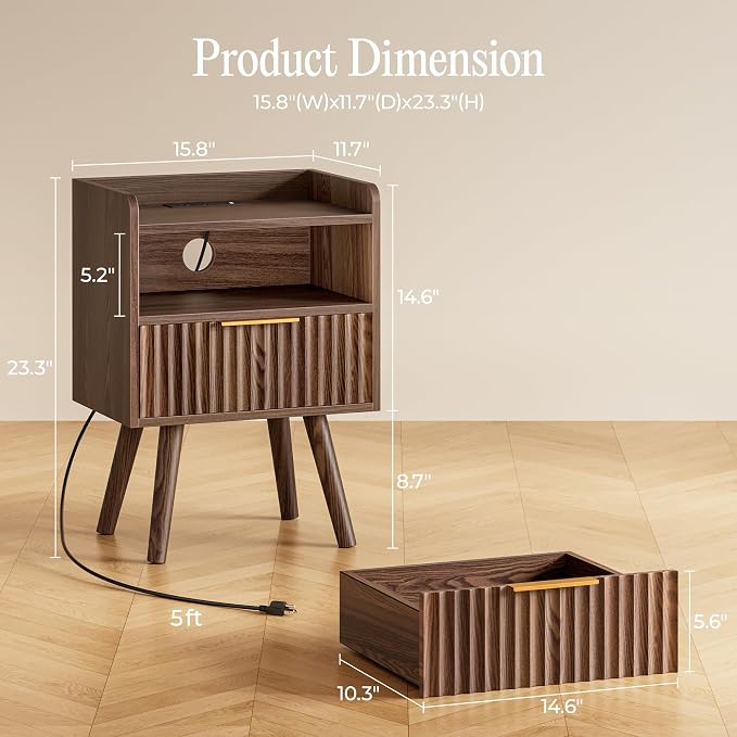 Huuger Nightstand with Charging Station, USB-C Port, End Table | Fluted Night - Image 2
