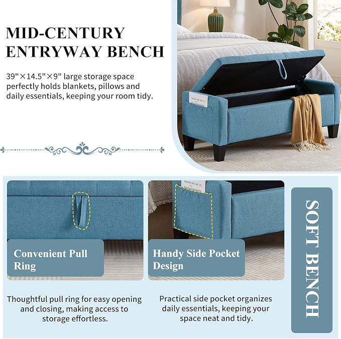 Modern Storage Ottoman Bench, Linen Upholstered End of Bed Bench - Image 5