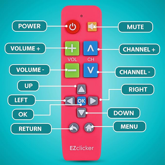 EZclicker Plus Big Button Universal TV Remote (Pink) Simple Easy to Use, Works with Major TV Brands (2xAAA Batteries Not Included)