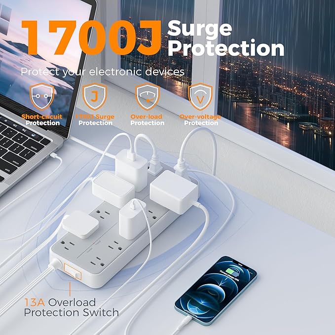 TESSAN Surge Protector Power Strip, Extension Cord with Multiple Outlets, 12 AC Outlets, 3 USB Ports(1 USB C), Flat Wall Plug, 5 Ft, 1700 Joules Protection for Home Office Dorm Room Essentials