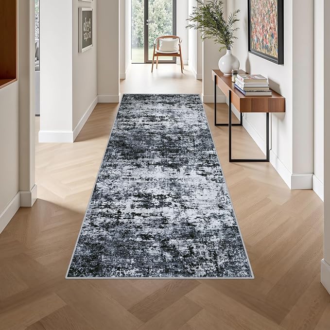 3x8 Washable Runner Rug：Modern Abstract Kitchen Carpet Black | - Image 4