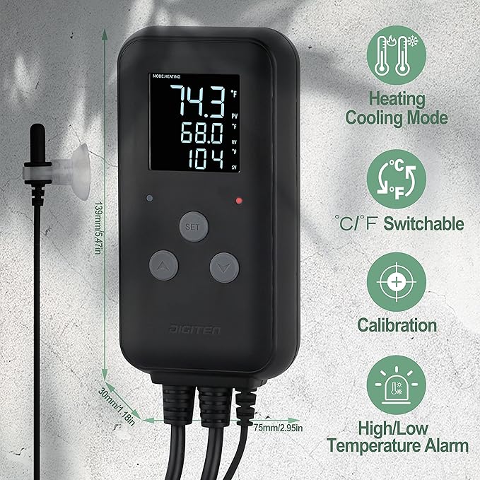 SENSTREE Greenhouse Temperature Controller Digital Waterproof Thermostat for Home Brewing, Fermentation, Breeding, Incubation, Terrarium, Heating & Cooling, 110V 10A 1100W