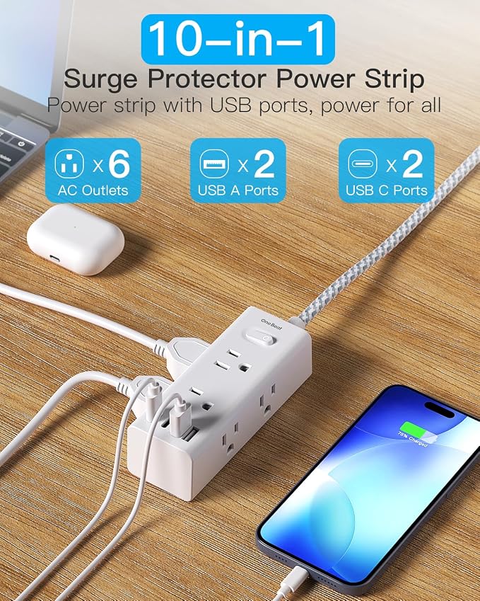 Flat Plug Extension Cord 15Ft, One Beat Surge Protector Power Strip 15 Ft Cord - Image 3