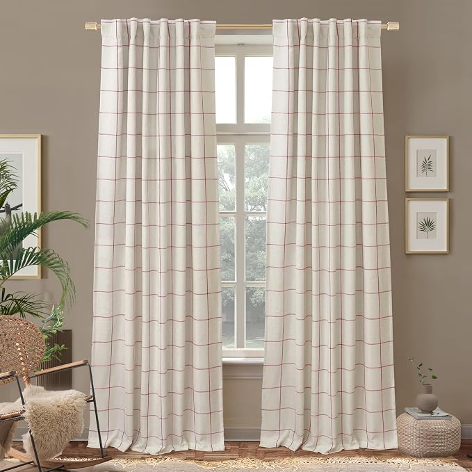 DriftAway 100% Blackout Plaid Linen Curtains 96 Inches Long 2 Panels Red | 100% by DriftAway