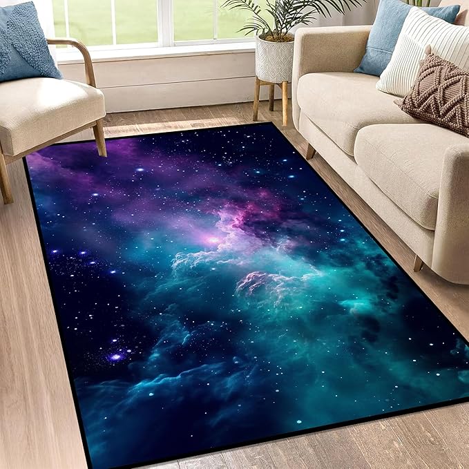 2'7" x 3'11" Galaxy Area Rug Dark Blue Outer Space Doormat for Kids Bedroom Living Room Glitter Starry Sky Carpets Throw Rugs, 47'' X 31''