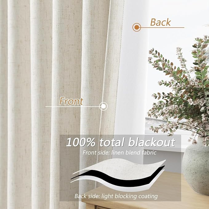 100% Blackout Linen Curtains for Bedroom 62 Inches Long Natural Cream Black Out - Image 4