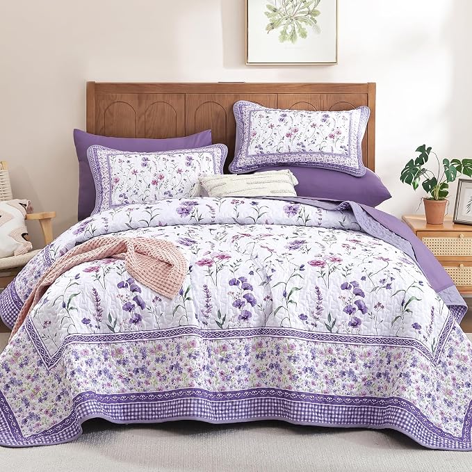 WONGS BEDDING Floral Quilt Set King, Cute Purple Flower Bedspread Coverlet | - Image 8