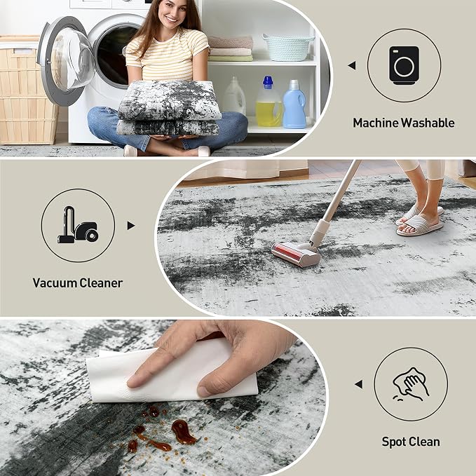 10x14 Area Rugs for Living Room: Washable Abstract Black White Grey Carpet | - Image 5