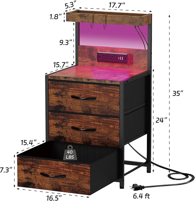 SZLHANJZ Nightstands Set of 2, LED Light and Charging Station, 3 Drawers | - Image 3