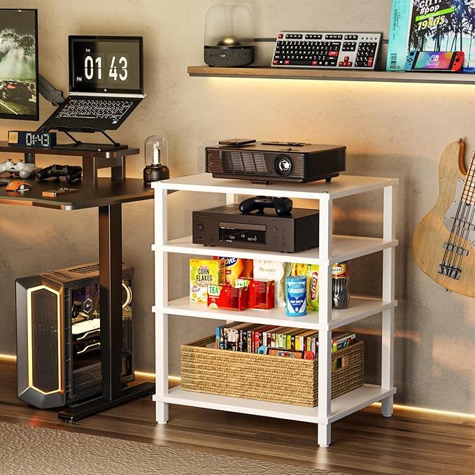 LELELINKY 4-Tier AV Media Player Stand Set of 2, White Stereo Cabinet, Wooden TV Stand,Game Console Shelf, Multifunctional Entertainment Center, Suitable for Home, Conference Room, Game Studio