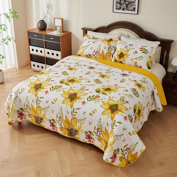 EVENHUG 100% Cotton Quilt King Size Yellow Sunflower Bedding Set Floral - Image 3