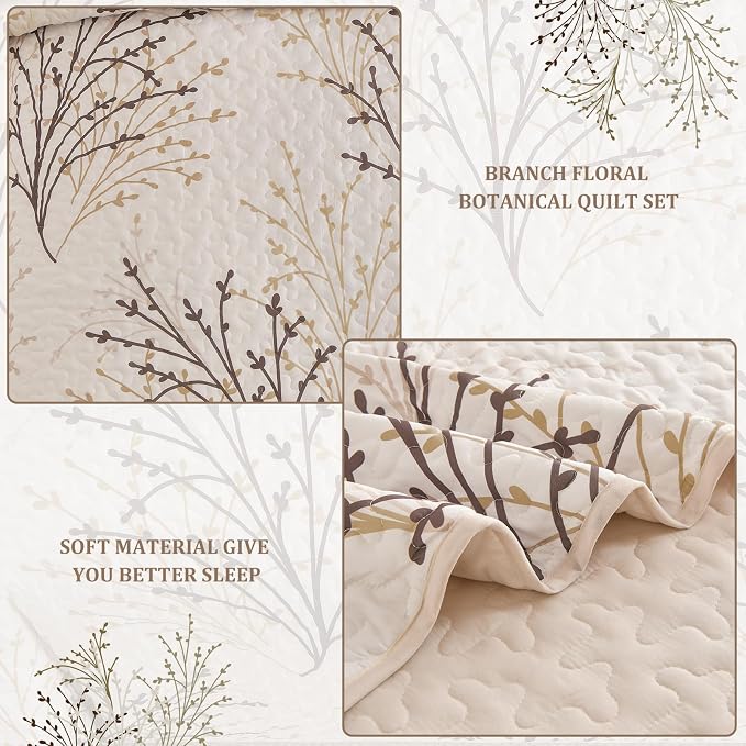 DJY Queen Size Quilt Set Beige Branch Botanical Bedspread Coverlet Set | 3 - Image 4