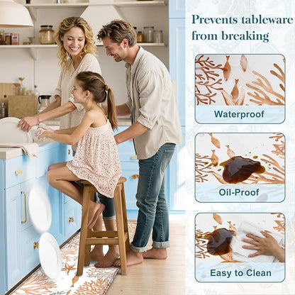 Kitchen Mats for Floor Cushioned Anti Fatigue Sets of 2 Coastal Kitchen Rugs Non Slip Waterproof Nautical Foam Kitchen Floor Rug Beach Theme Coral Fish Comfort Standing Mat for Sink Laundry, Coral