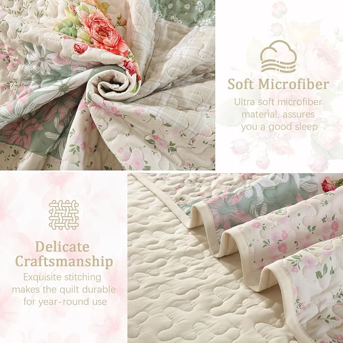 Mybedsoul Beige Patchwork Queen Size Quilt, Soft Boho Floral Spring Bedspreads - Image 6