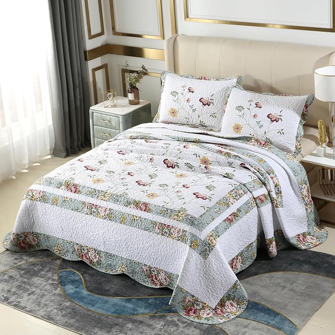 ROOMLIFE 100% Cotton Quilt Set Full Elegant Floral Embroidery 3-Piece | by ROOMLIFE