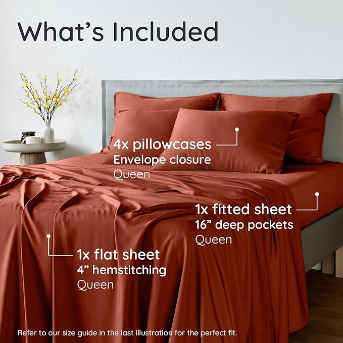 Bambaw 100% Viscose Derived from Bamboo Sheets Queen Size – 6pcs Queen Sheet Set Cooling Sheets, Fits Up to 16'' with Elastic Corner Straps, Breathable & Super Soft Bedding Set (Terracotta)