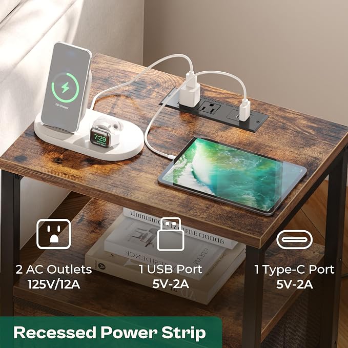 Huuger Nightstand with Charging Station, Side Table with Fabric Drawers | End - Image 4