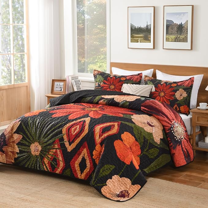 Oversized King Quilt Set Black, 128x120 Floral Super King Bedspread | 3 Pieces - Image 2