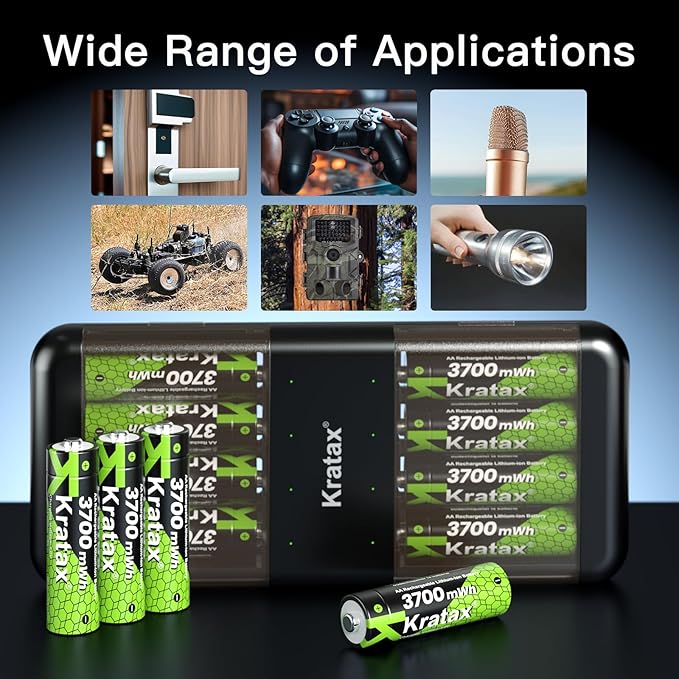 Kratax 3700mWh AA Rechargeable Lithium Batteries with Charger, 12pack high Capacity Double A li-ion Batteries 1.5v, Long Lasting, Ultra-Thin Battery Charger with AA Lithium Battery Rechargeable