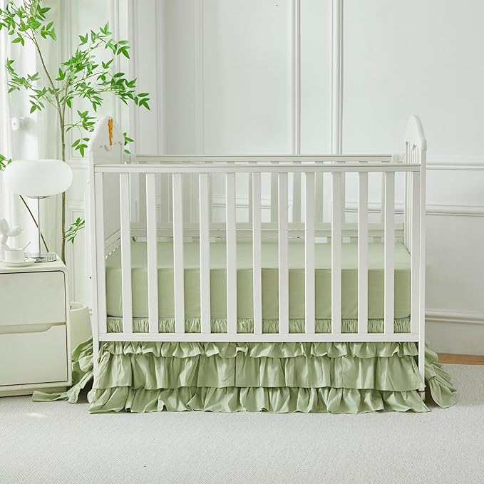 Brandream Crib Skirt Triple Layer Cotton Nursery Bed Skirt for Baby Girls Boys Toddler Bedskirt Solid Color Light Green Dust Ruffle Gender Neutral Farmhouse Chic Boho Bohemian Skirt